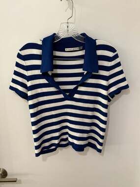 Alice + Olivia Daralee Blue and White Striped Ribbed Knit Polo Pullover